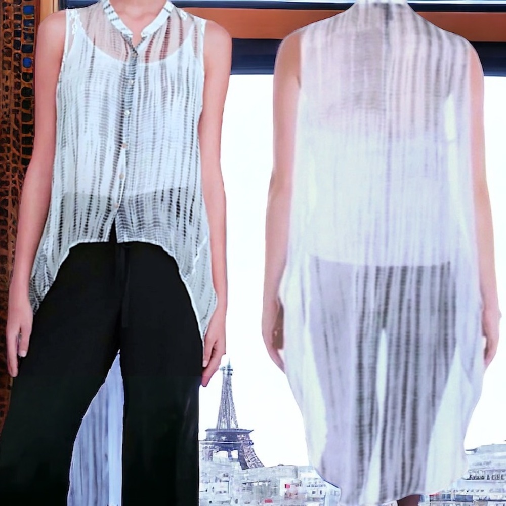 $278 Eileen Fisher 100% Silk Shibori Buttondown Top Petite P P2 P4 Hand Dyed NWT